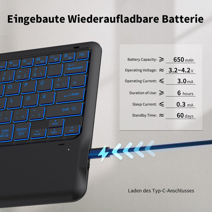 EasyAcc Beleuchtete Bluetooth Tastatur mit Touchpad, Ultraleichtes QWERTZ Tastatur, Kabellose Tastat