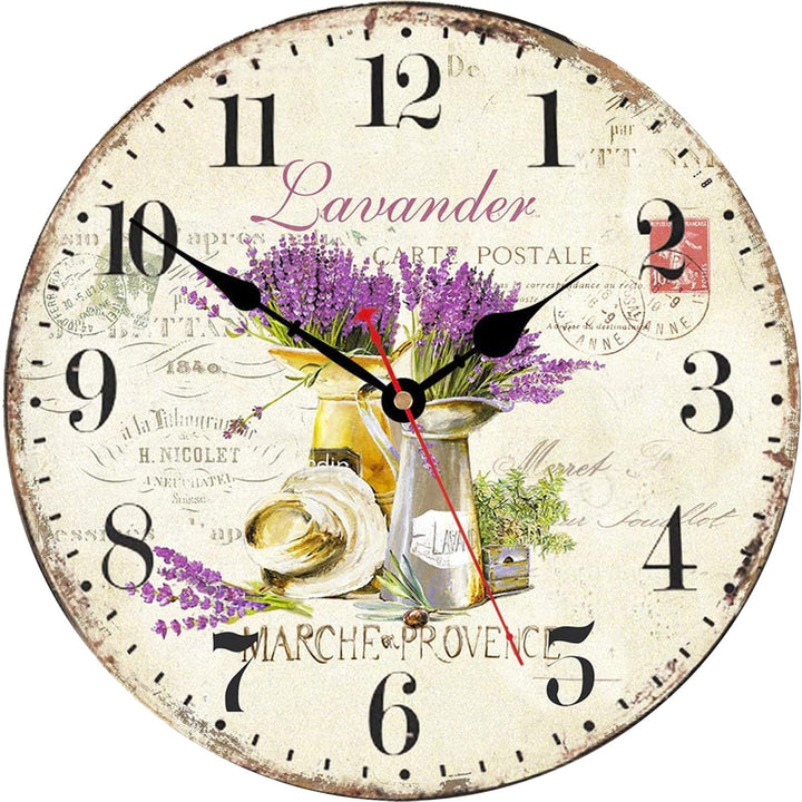 TAHEAT 30 cm Lila Lavendel Blume Wanduhr, Holz Rustikale Vintage Uhren, Leise Ohne Tickgeräusche Lan