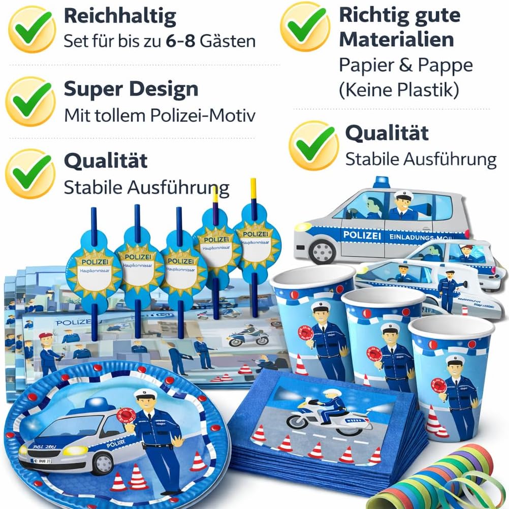 90-TLG Polizei Party Set für Kindergeburtstag mit 6-8 Kinder: Teller, Becher, Servietten, Einladunge