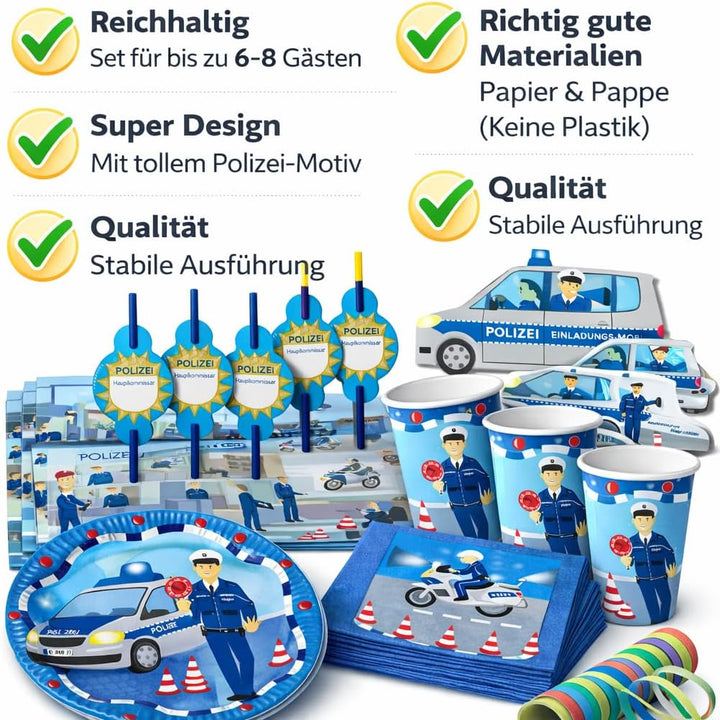 90-TLG Polizei Party Set für Kindergeburtstag mit 6-8 Kinder: Teller, Becher, Servietten, Einladunge