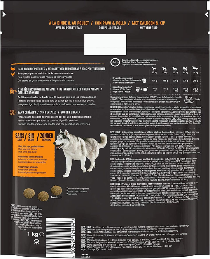 CRAVE Trockenfutter für ausgewachsene Hunde mit Truthahn & Huhn, 6 Beutel à 1 kg – Trockenfutter ohn