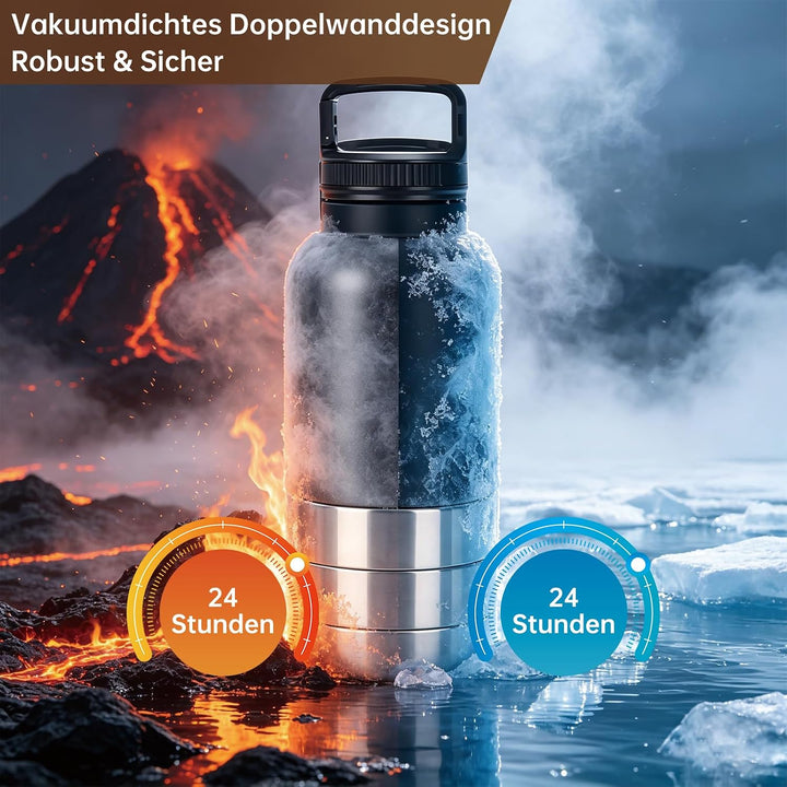 4-in-1 Trinkflasche Hunde für Unterwegs, Isolierte Edelstahl Hundetrinkflasche mit 3 Näpfen, Auslauf