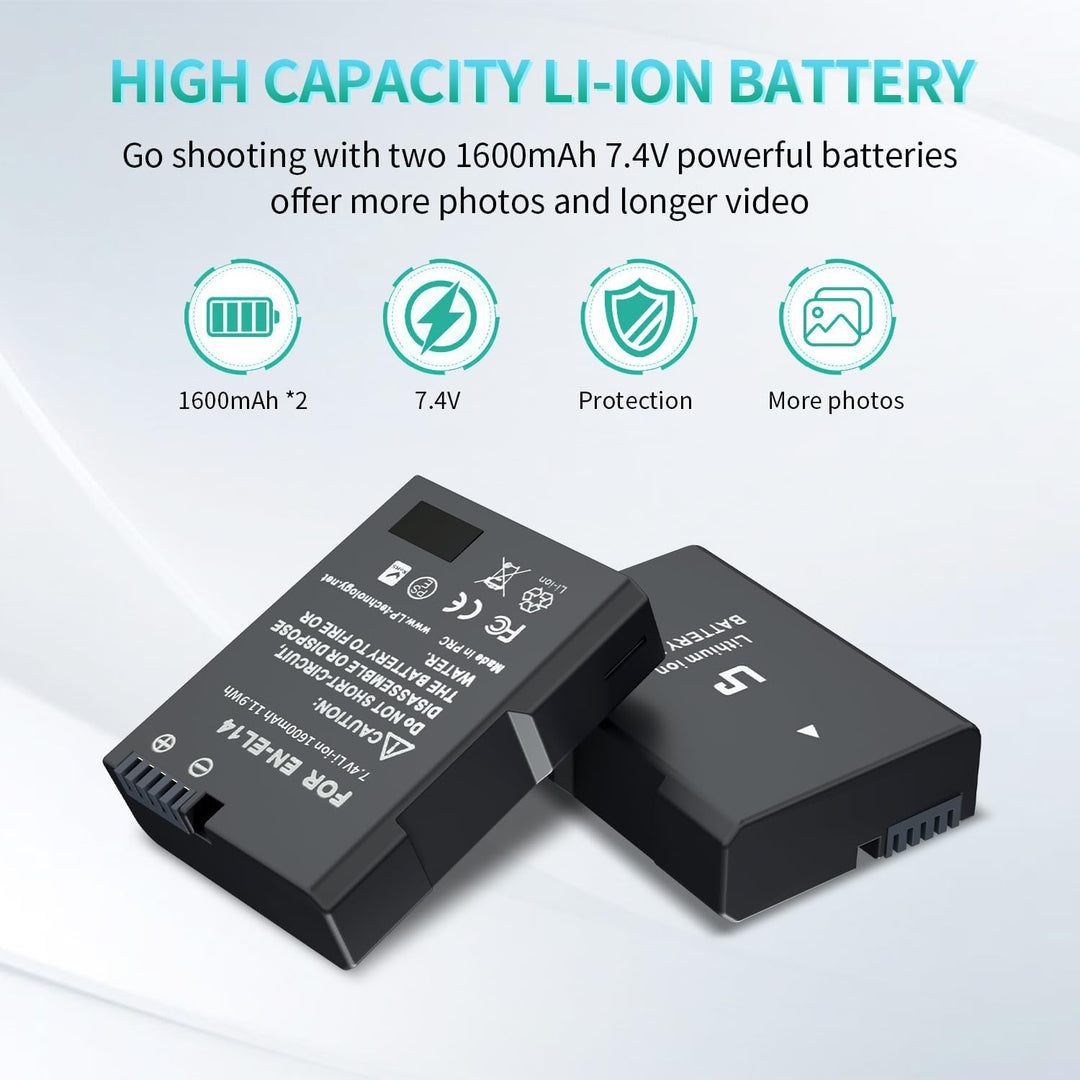LP EN-EL14 EN EL14a Akku-Ladegerät-Set, 2er-Pack 1600mAh Akku &amp; Dual-Slot-Ladegerät, kompatibel mit
