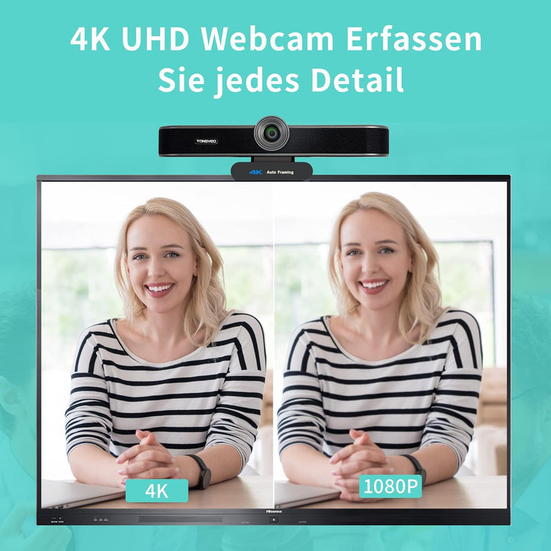 TONGVEO 4K Webcam mit Mikrofon und Lautsprecher, 4X Digitalzoom, ePTZ Videokonferenz Webkamera mit F