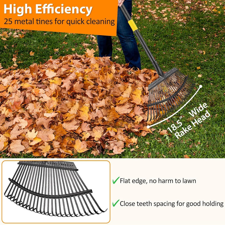 Gartenrechen 25 Zinken, Laubrechen 45 cm breit, Rasenrechen mit ergonomischem Griff 93cm, Stabiler M