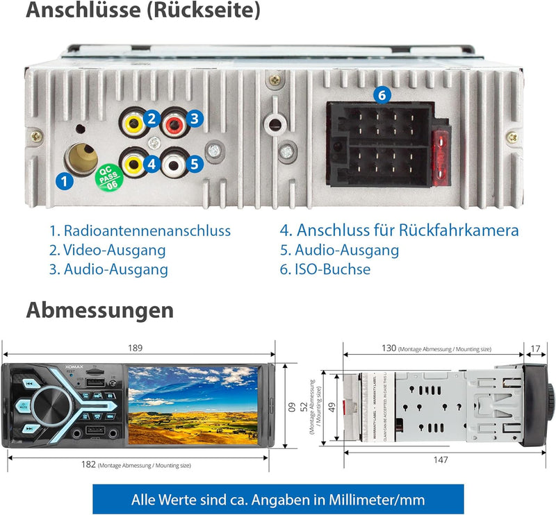 XOMAX XM-V424 Autoradio mit 4.1" / 10 cm Bildschirm I Bluetooth Freisprecheinrichtung I RDS I MP3 I