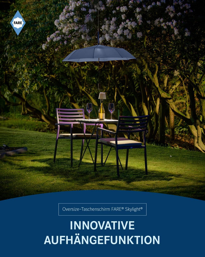 FARE Oversize-Taschenschirm Skylight (marine) - Effektvoller Regenschirm mit LED-Innenbeleuchtung un