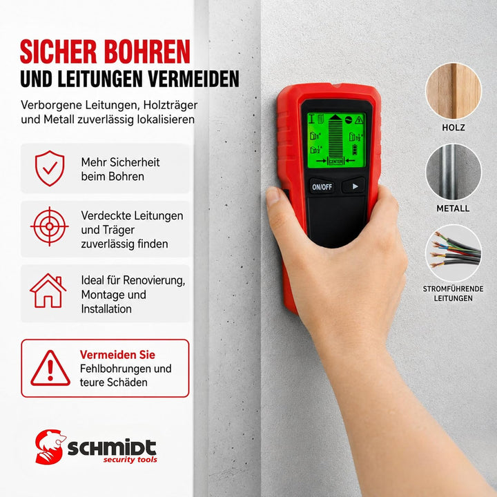 SCHMIDT security Tools Digitaler Ortungsgerät - LCD Display - Wandscanner - Tonfunktion - Leitungssu