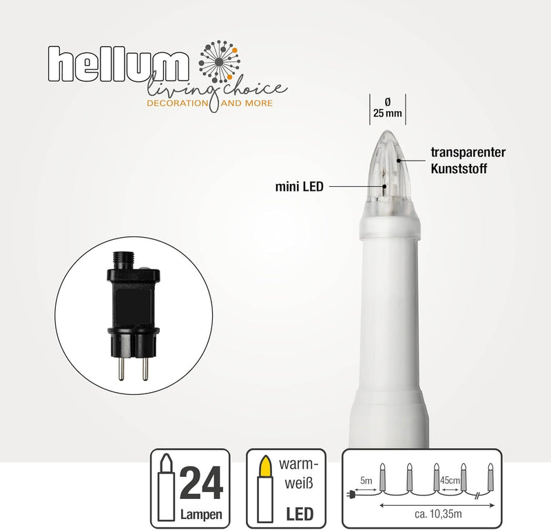 hellum Lichterkette Kerzen Weihnachtsbaum, Kerzen Lichterkette aussen mit Clip, 24 warm-weisse LED,