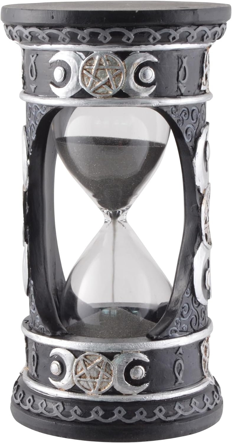 Wicca Sanduhr Silber-schwarz mit schwarzem Sand, aus Kunststein angefertigt und von Hand bemalt