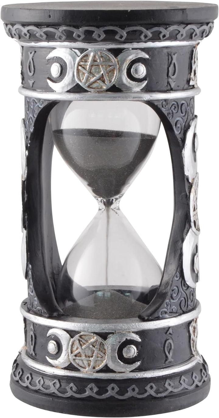 Wicca Sanduhr Silber-schwarz mit schwarzem Sand, aus Kunststein angefertigt und von Hand bemalt