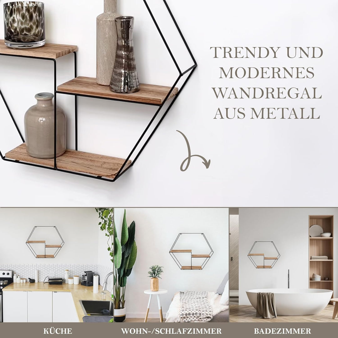 Vivol Metall Wandregal Schwarz mit 3 Holzböden - Sechseck - 48x55x10 cm - Hängend Metallregal - Wand