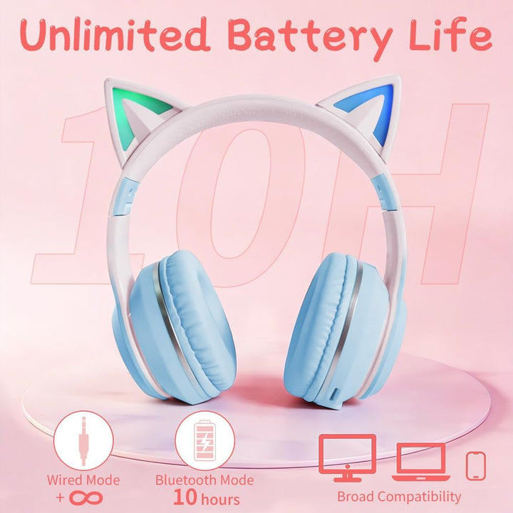 Kinder Bluetooth Kopfhörer, Katzenohr LED Lichter, Bluetooth 5.3 Stereo, Verstellbares Kopfband, 85d