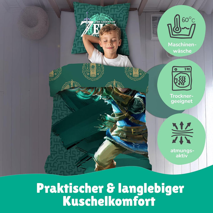 Character World Wende Bettwäsche The Legend of Zelda, 135x200 cm 80x80 cm, 100% Baumwolle Linon, Rei