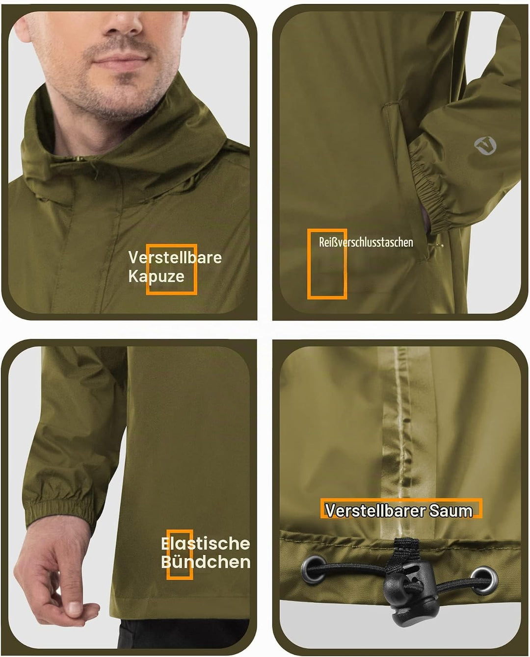 Outdoor Ventures Herren Regenjacke Wasserdichter Pullover mit Kapuze Packbare Reflektierende Jacke L