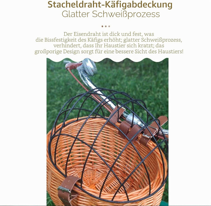 Fahrrad-Haustierkorb, Fahrradkorb aus Weidengeflecht für Kleine Hunde, Katzen, Vorderkorb mit Drahtg