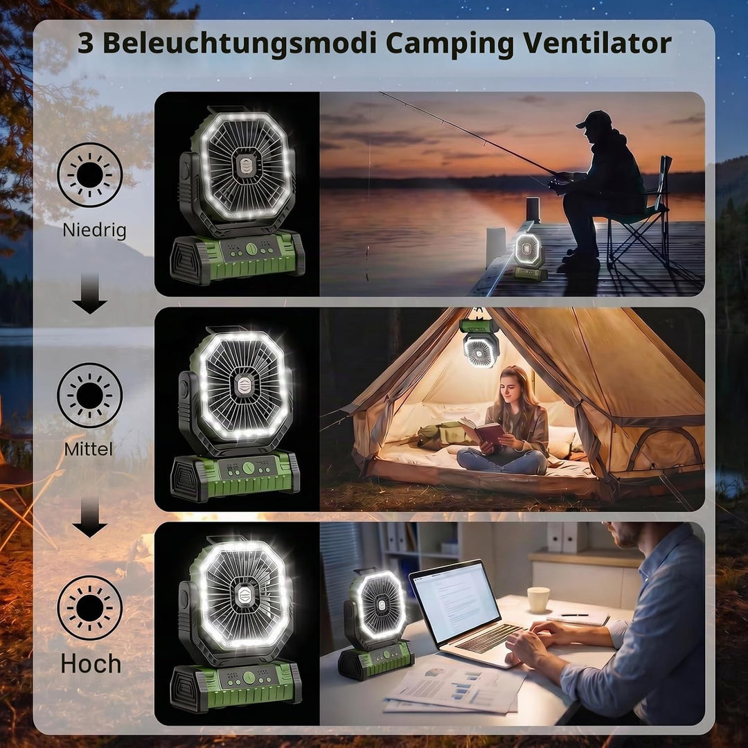 Vxoyo 20000mAh camping ventilator mit Licht, 4 Stufen, Akku-Zeltlüfter mit FB &amp; Haken, 8h Timer, Ebe