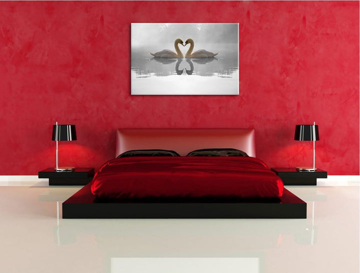 verliebte Schwäne auf See schwarz/weiss Format: 100x70 auf Leinwand, XXL riesige Bilder fertig gerah