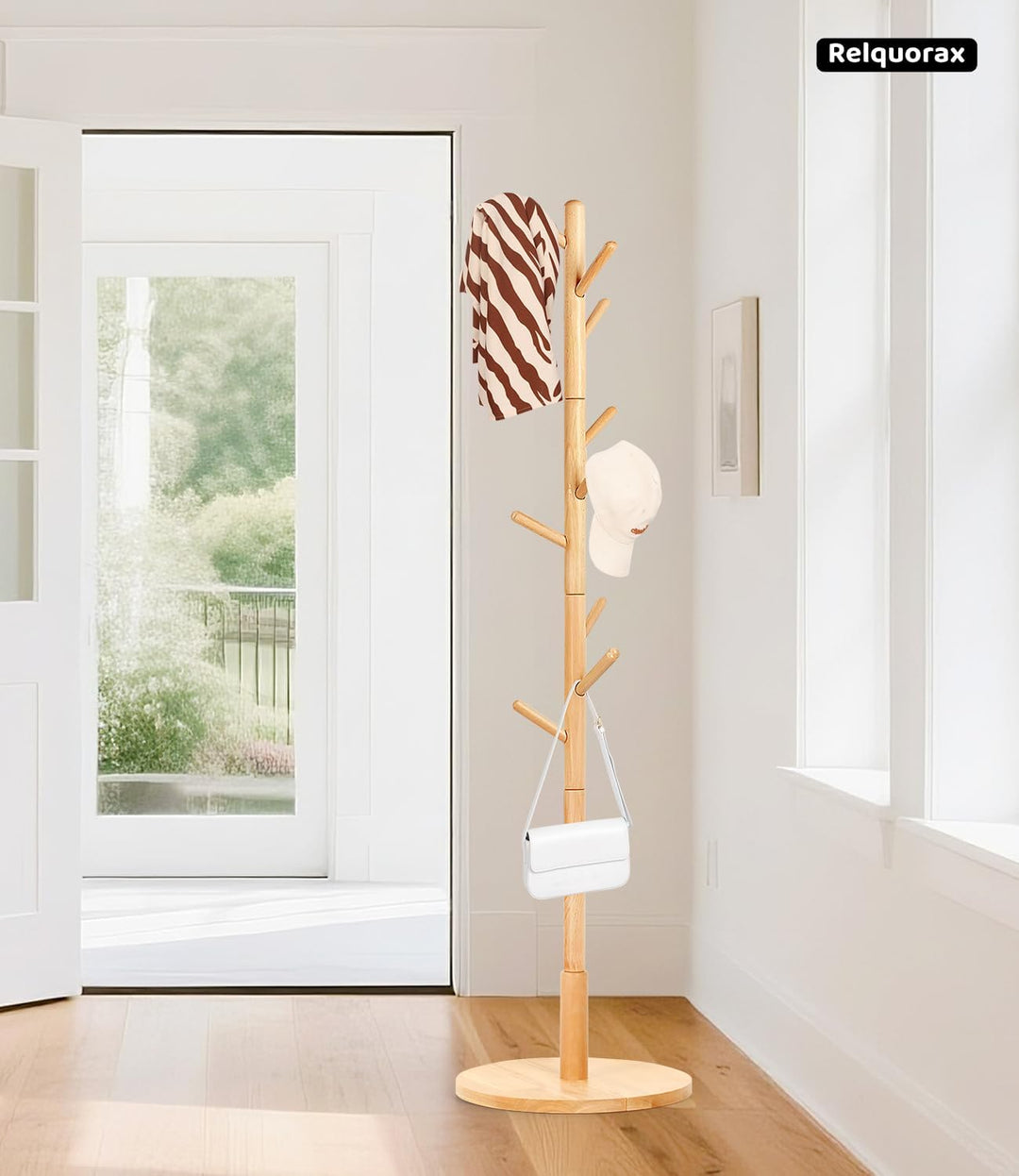 Garderobenständer, Kleiderständer aus Buchenholz Massivholz in Baumform für Kleidung, 9 Haken, 185 x