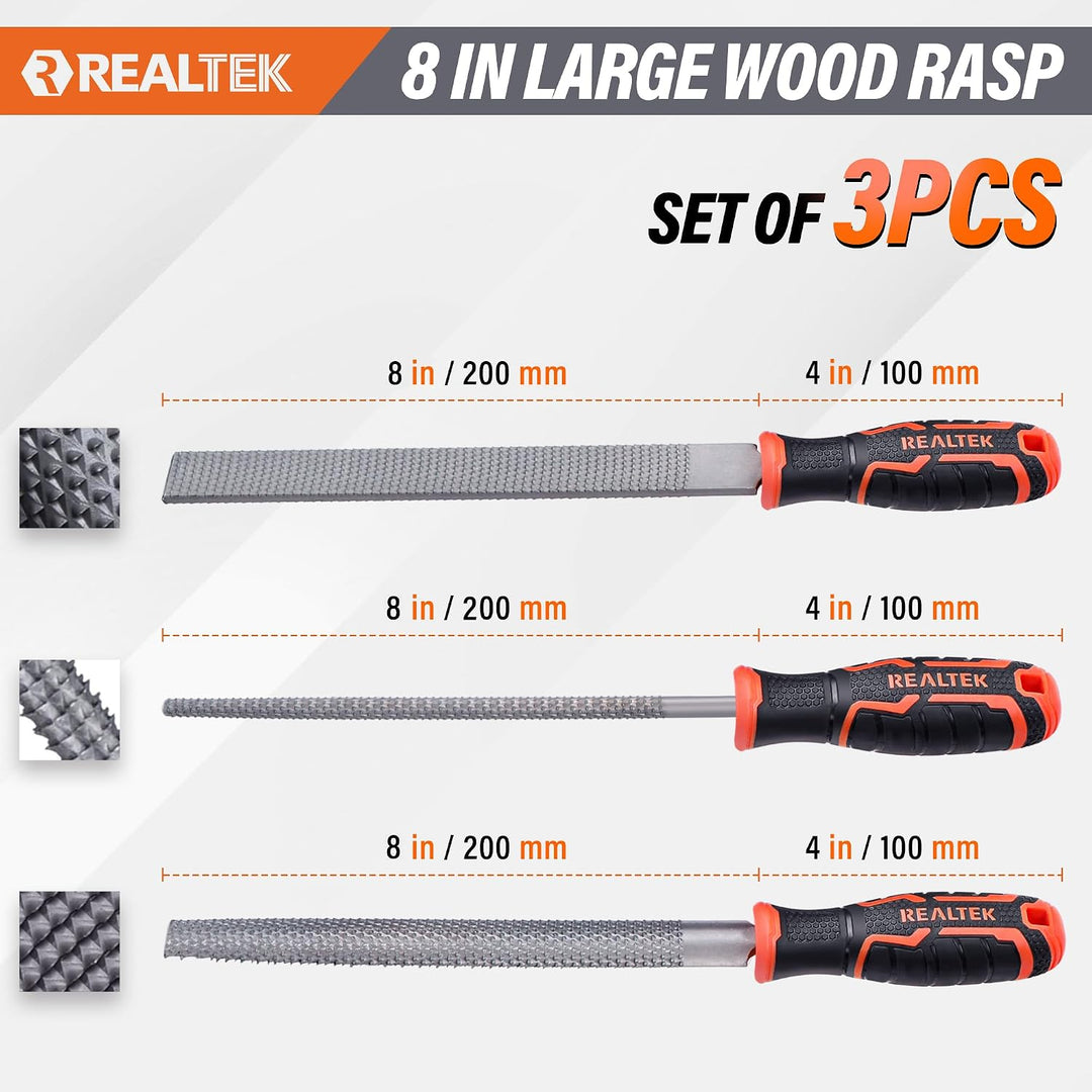 REALTEK Holzraspel Set 3tlg. inkl. Flachfeile Halbrundfeile Rundfeile, Klinge 200mm lang, Holzfeilen
