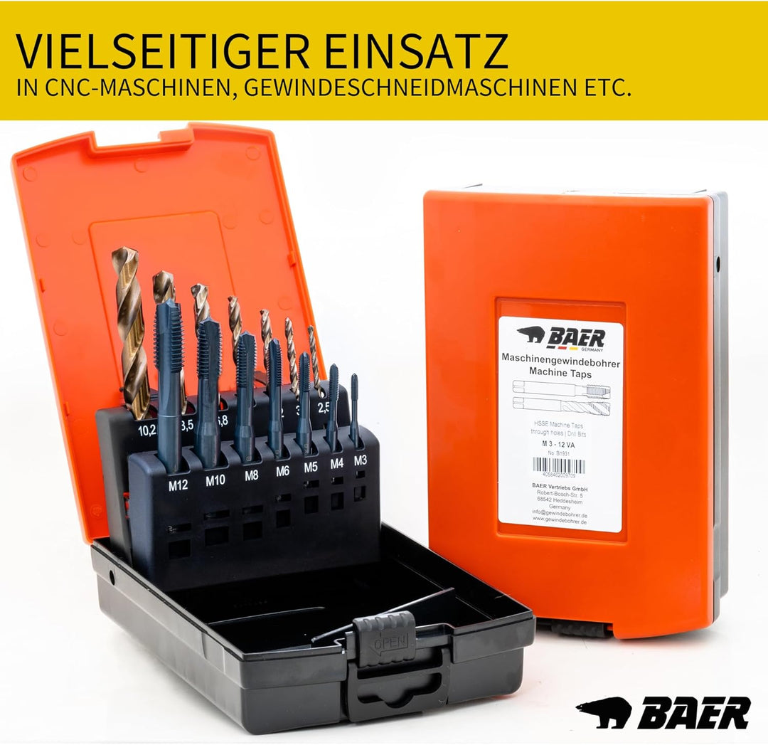 BAER Gewindeschneider Set M3 - M12 | HSSE Edelstahl | Edelstahlbohrer inklusive Bohrpaste | Maschine