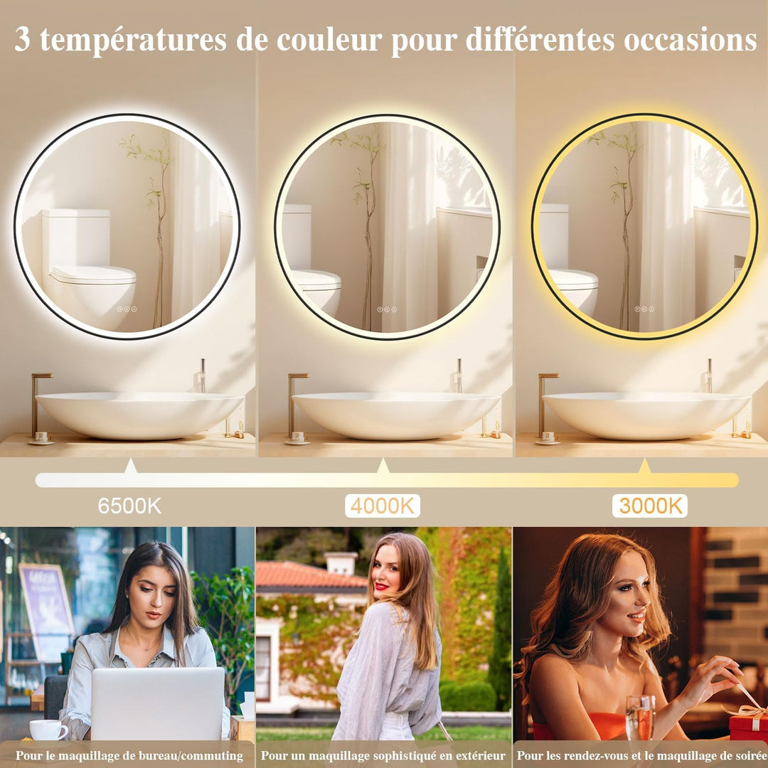 Badspiegel mit Beleuchtung 80cm - LED-Badezimmer-Spiegel Rund mit Bluetooth, Beschlagfrei, Touch-Sch