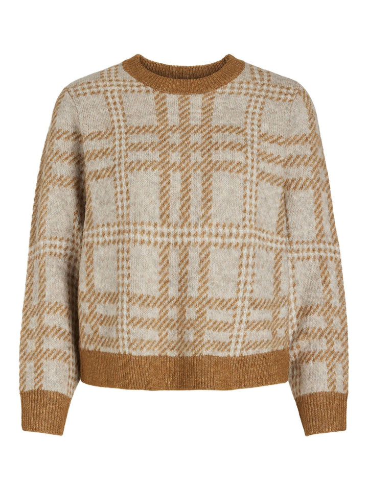 Vila Damen Vicilia L/S Check Knit Top/Su Strickpullover M Caramel Café/Checks:natural Melange/Birch,