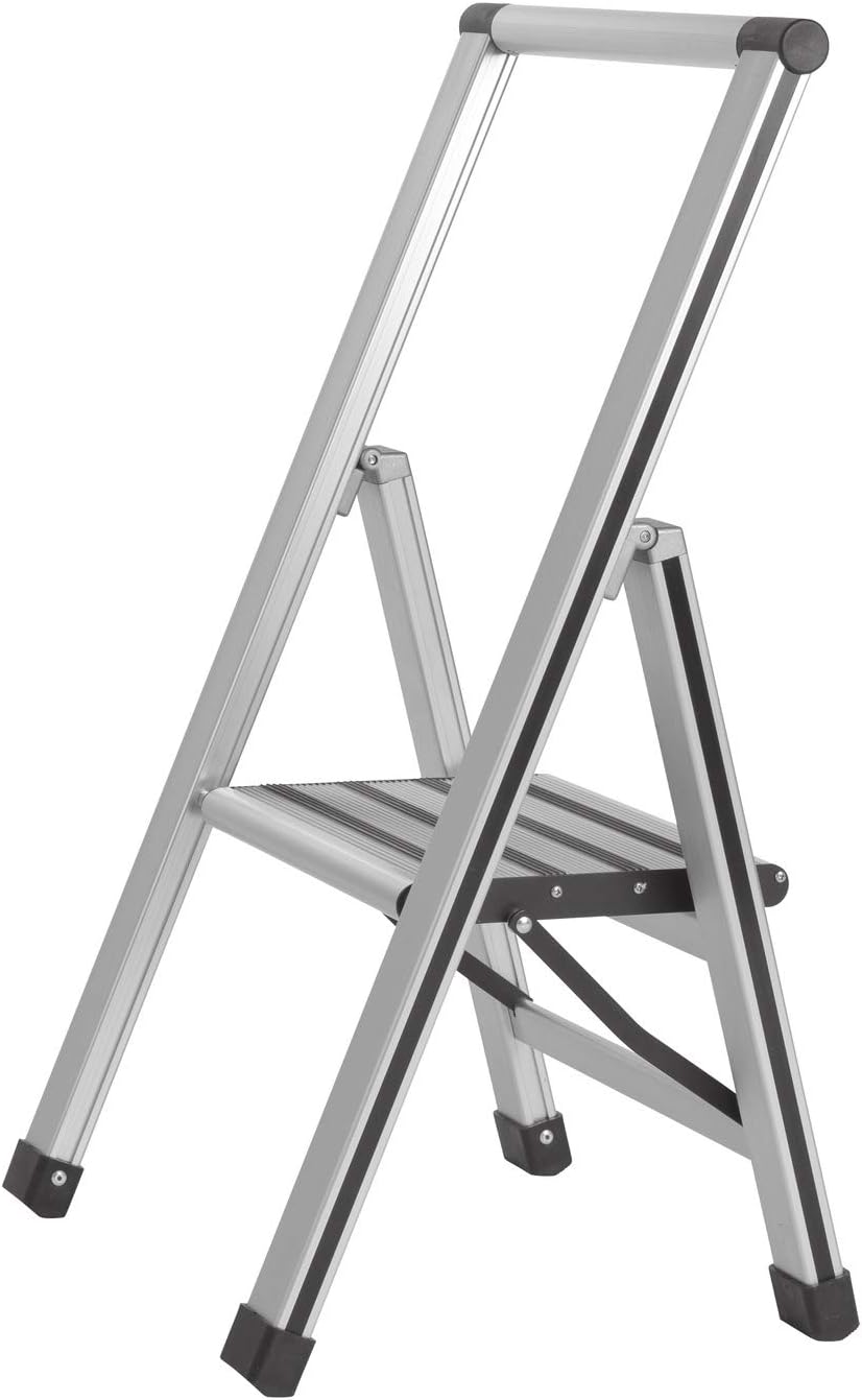 WENKO Leichte Aluminium Trittleiter mit 1 Stufe für 25 cm höheren Stand, rutschsichere XXL-Stufen, D
