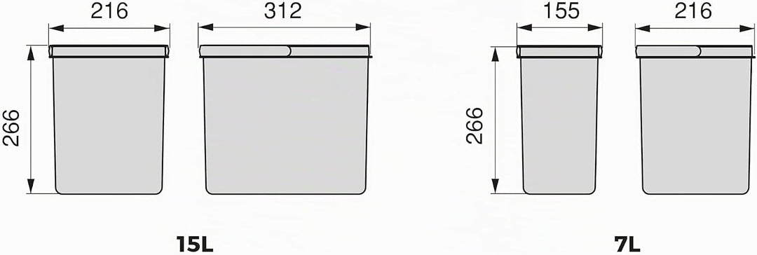 Emuca - Küchenschubladenbehälter mit geruchsdichtem Deckel, H 266 mm (3 x 15 L + 2 x7 L), Kunststoff
