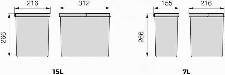 Emuca - Küchenschubladenbehälter mit geruchsdichtem Deckel, H 266 mm (3 x 15 L + 2 x7 L), Kunststoff