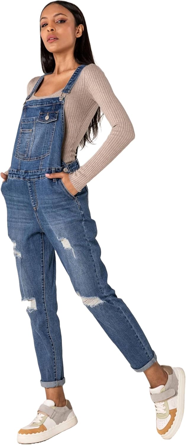 Nina Carter Damen Latzhose Jeans Boyfriend Denim Overall Jumpsuit Used-Look Sommeroverall M Blau (S5