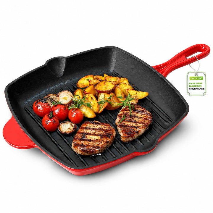 NutriChef Grillpfanne, 30x43cm- Gusseisenpfanne Induktion, Cast Iron Pan- Eckig & Antihaftbeschichte