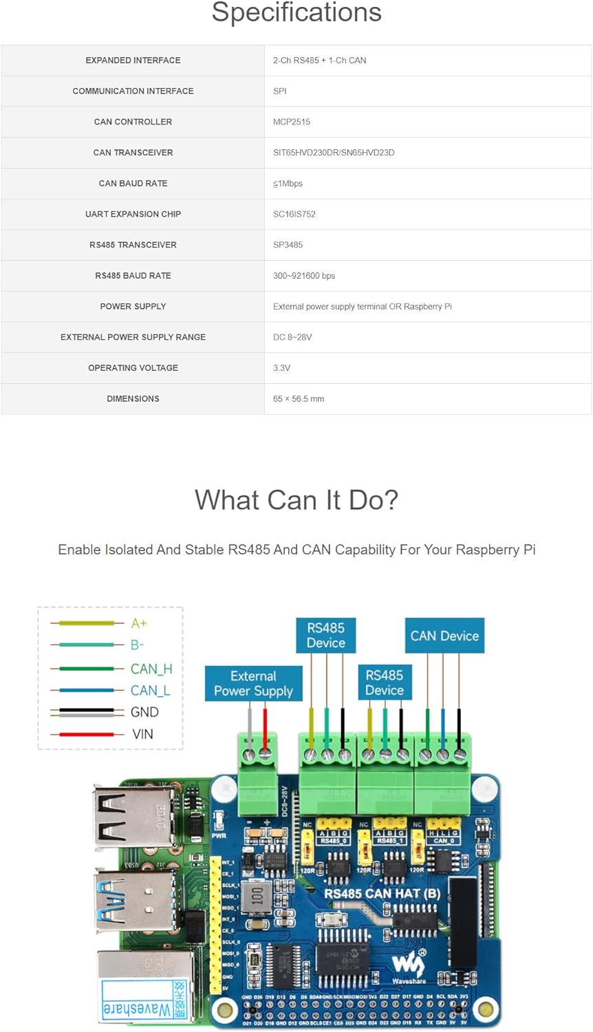 Isolated RS485 CAN HAT (B) for Raspberry Pi Series, SPI Communication, 2-Ch RS485 and 1-Ch CAN, Conv
