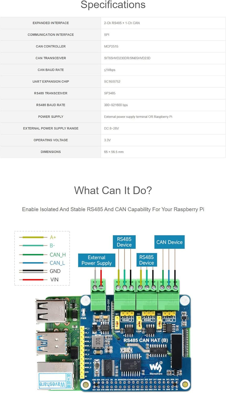 Isolated RS485 CAN HAT (B) for Raspberry Pi Series, SPI Communication, 2-Ch RS485 and 1-Ch CAN, Conv