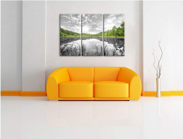 Pixxprint Traumhafter See in grünem Wald als Leinwandbild | Grösse: 3 Teilig (120x80) | Wandbild| Ku