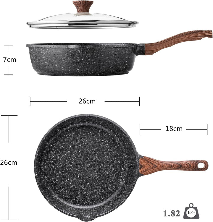 SENSARTE Antihaft Pfanne 26cm, Tiefe Bratpfanne mit Deckel, Schweizer Granitbeschichtung Kochpfanne