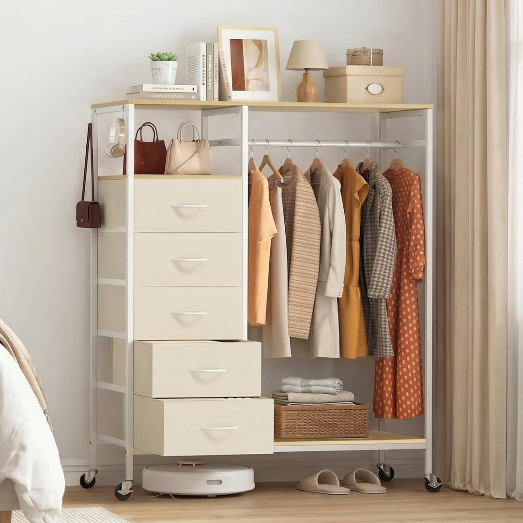 HOKEEPER Kleiderständer auf Rollen | Kleiderstange, Kleiderschrank, Clothes Rack, 4 Rollen, 2 festst