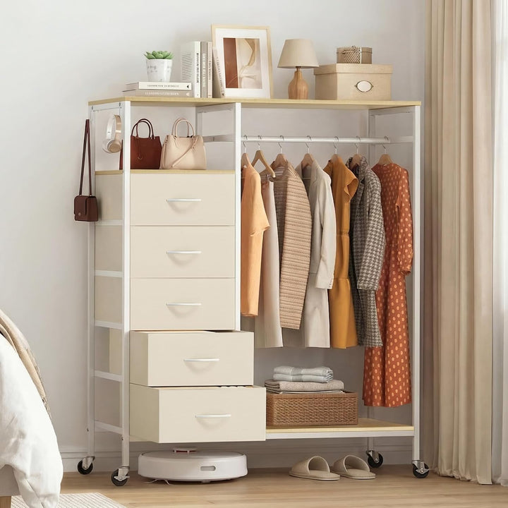HOKEEPER Kleiderständer auf Rollen | Kleiderstange, Kleiderschrank, Clothes Rack, 4 Rollen, 2 festst