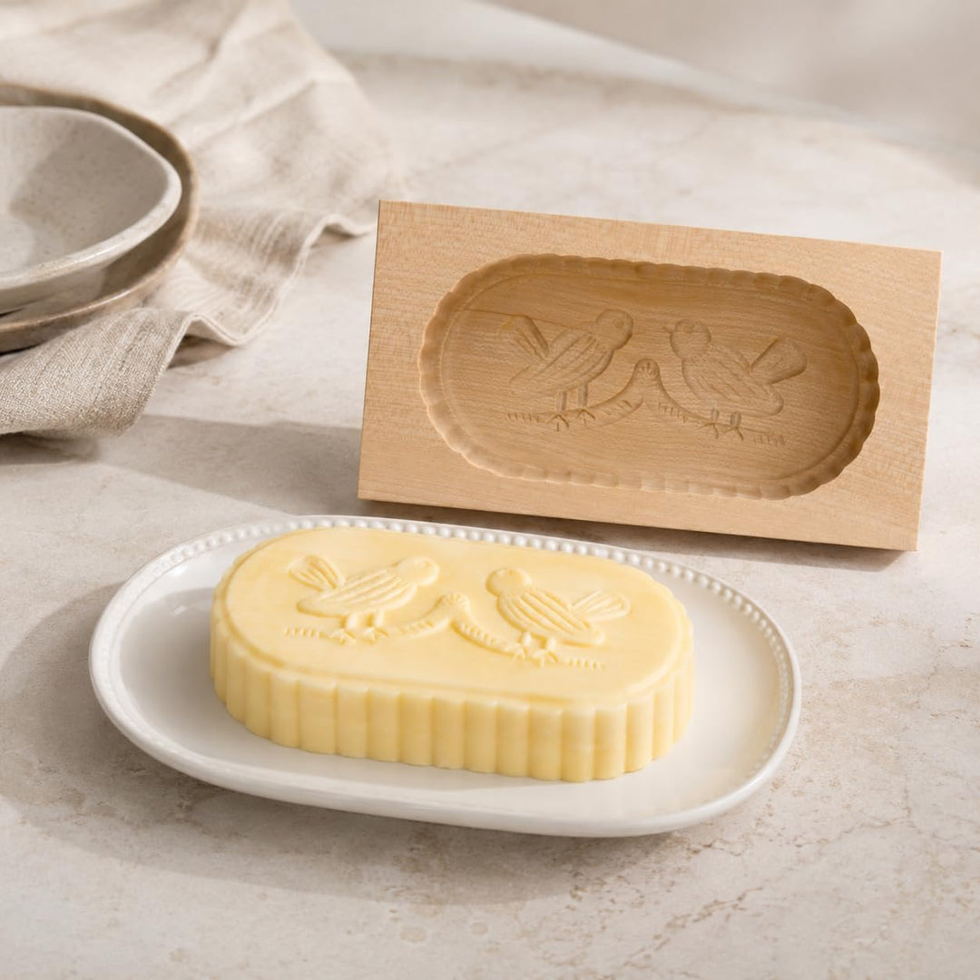 HOFMEISTER® Butterform, für 250 g Butter, 19 cm, 2 Vögel, handgeschnitzt in Deutschland, Butter-Form