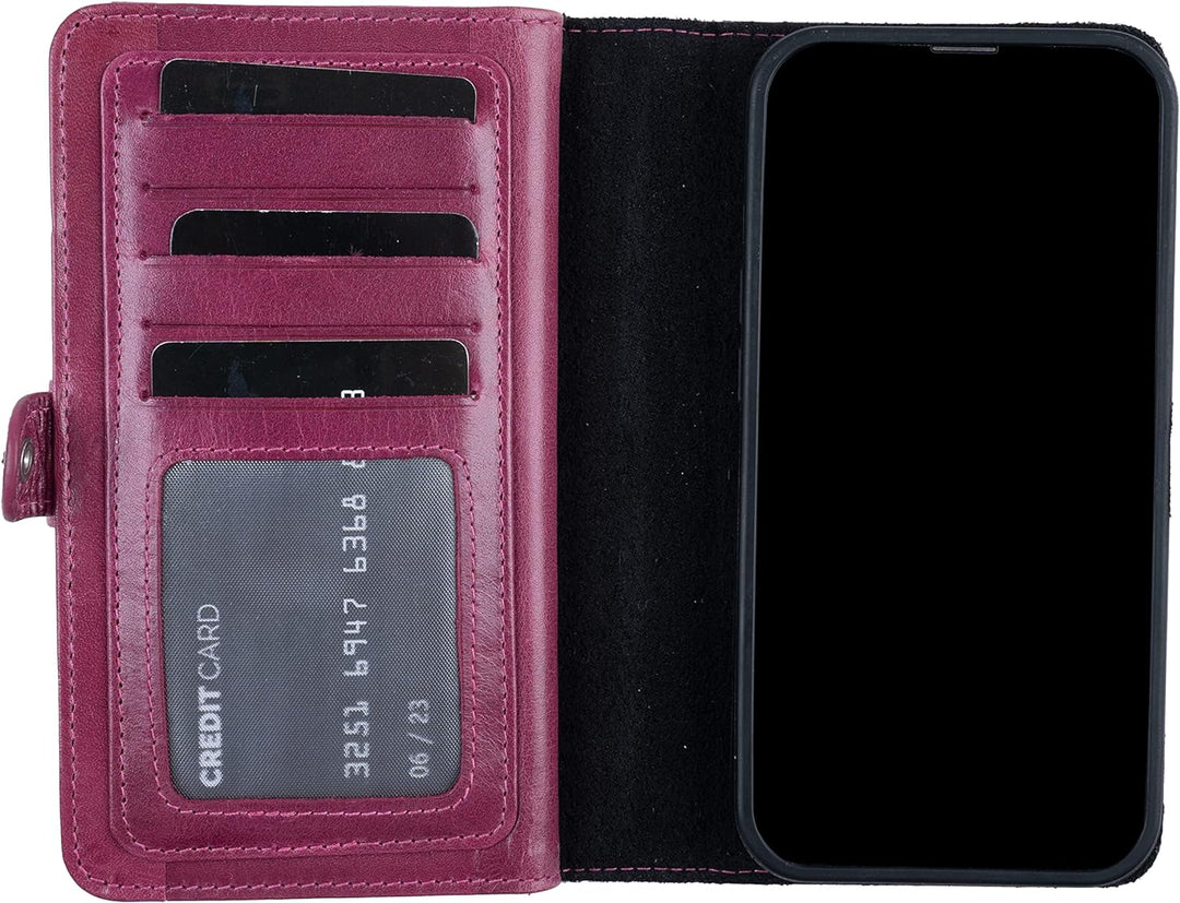 HANS/SON Echtlederhülle iPhone 13 Pro Magenta | Handyhülle aus Leder mit Geldbörse | Magenta iPhone