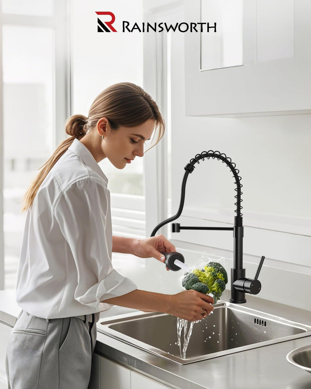 Rainsworth Wasserhahn Küche Schwarz Edelstahl - Zwei Wasserstrahlarten Hochdruck Herausziehbare Küch