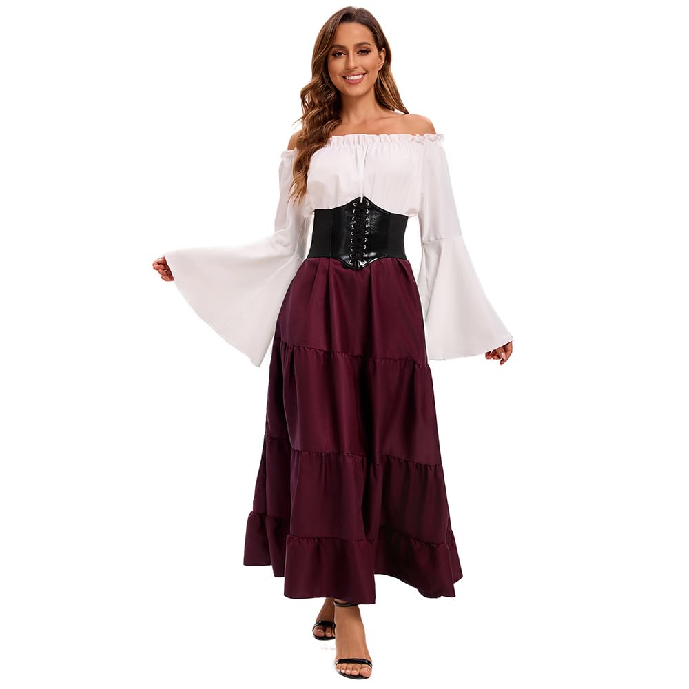 Damen Retro Mittelalter Kleid mit Trompetenärmel, Mittelalterliche Viktorianischen Königin Kleider R