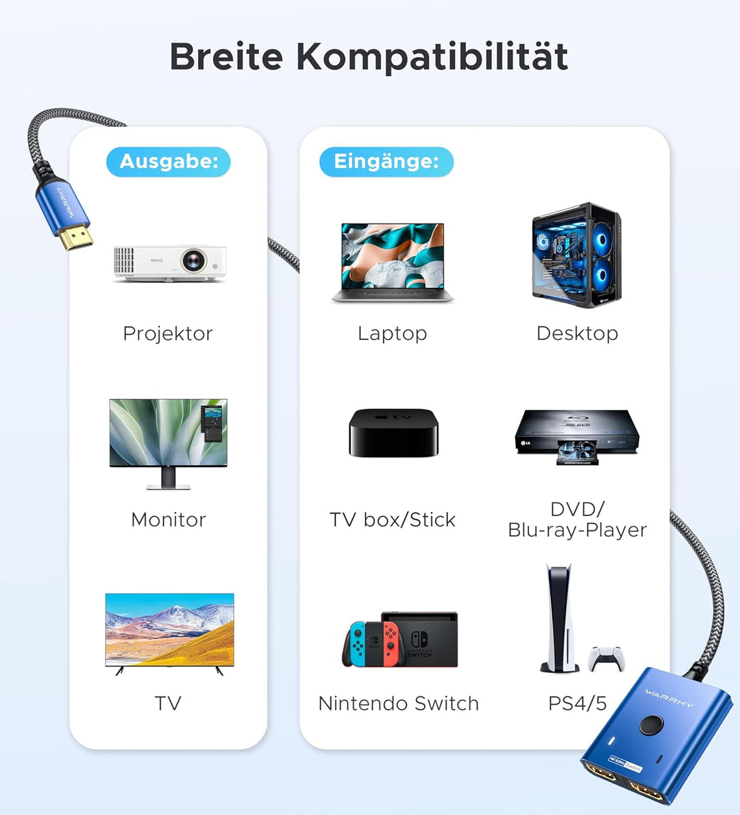 HDMI Switch 4K @ 60Hz, WARRKY HDMI Splitter 2 in 1 Out (1 Display at Time) 3.3 ft Braided Cable, Alu