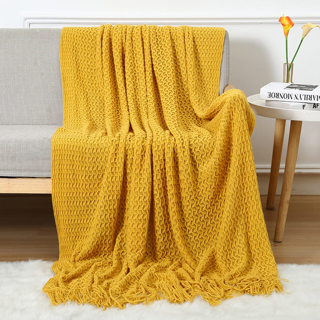 LumiSyne Zellulare Strickdecke Mit Quaste Einfarbige Zartes Hohlen Webmuster Weich Atmungsaktiv Sofa