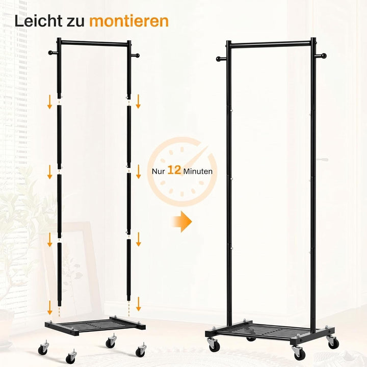 MISSLO Kleine Kleiderstange auf Rollen, Schmal Kleiderständer mit Ablagen, 152 cm Metall Garderobens