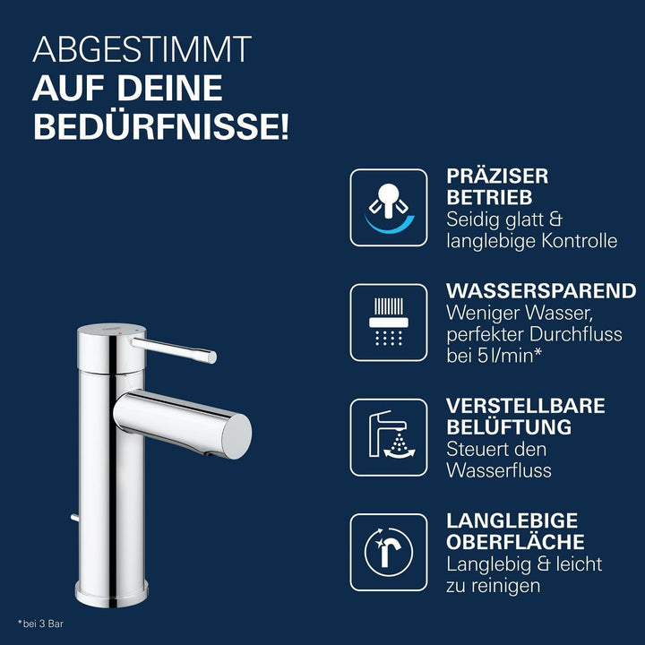 GROHE Essence - Einhand-Waschtischarmatur (wassersparend, mit Zugstange, S-Size), chrom, 32898001 St