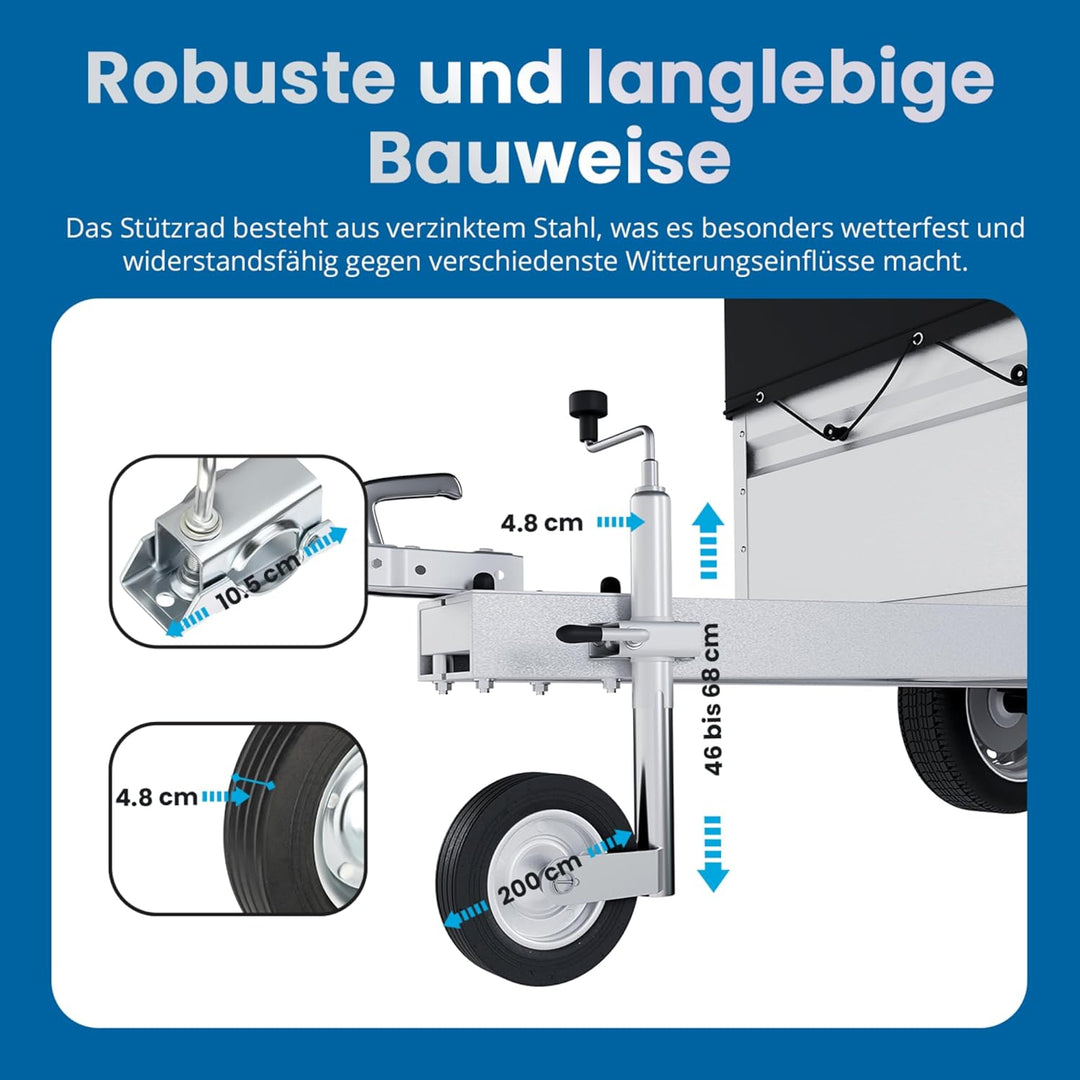Stützrad Anhänger 150 kg mit Klemmhalter für Vierkantdeichsel 60x60 mm, Vollgummireifen 200 mm, verz