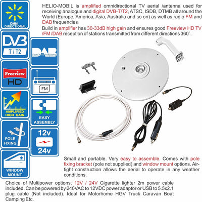 Helio - Omnidirektionale verstärkte Digitale HD TV Antenne 33 dB Verstärker mit hoher Verstärkung. D