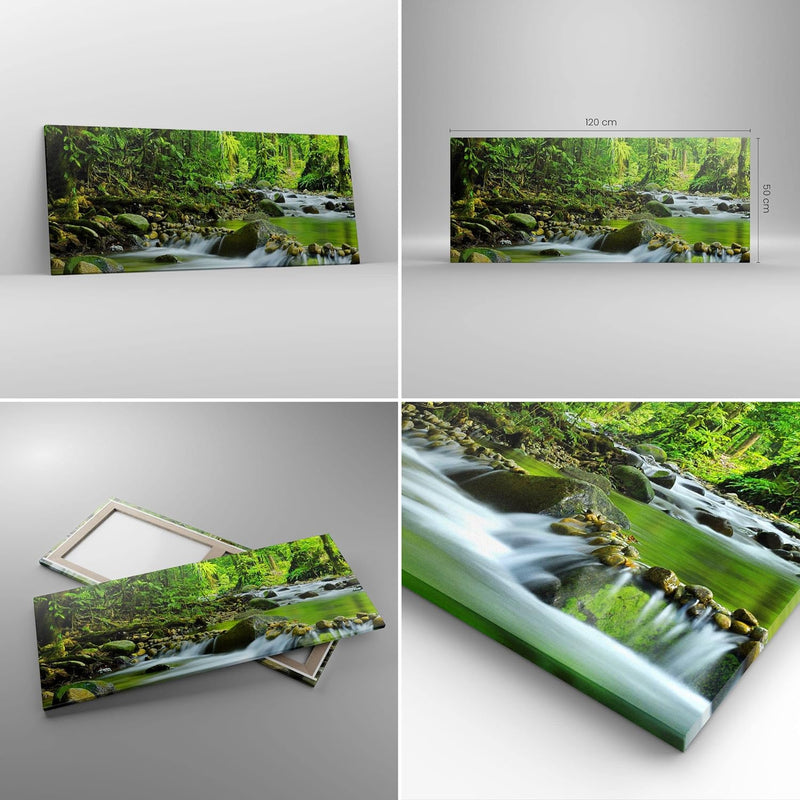 Wandbilder Dekoration Wohnzimmer Stream Wald Natur Panorama Bilder auf Leinwand 120x50cm Leinwandbil