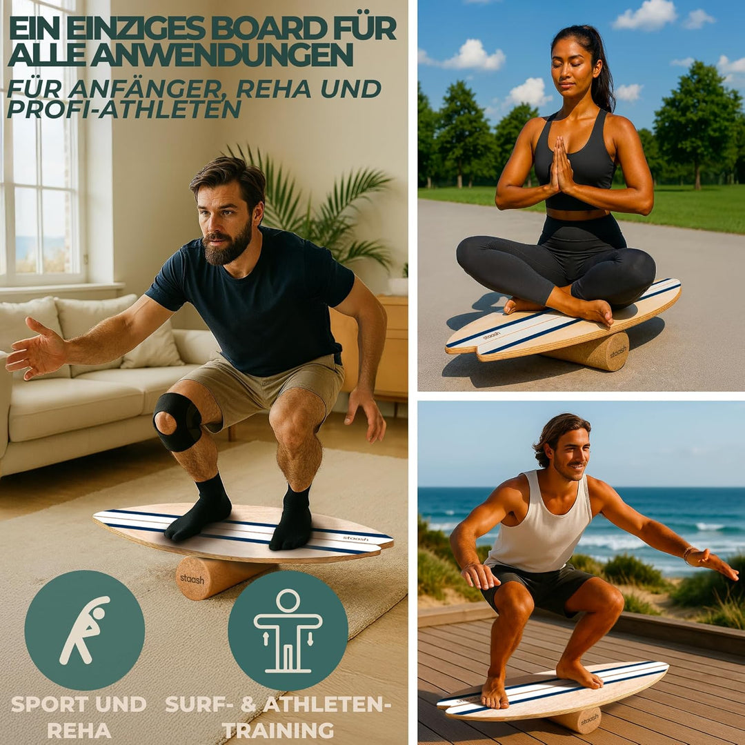 STAASH® Balance Board Holz – Pro Gleichgewichtstrainer inkl. Schutzmatte, Rolle, Halbkugel, Korkball
